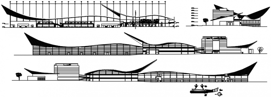 Internation airport building all sided elevation and section drawing details dwg file