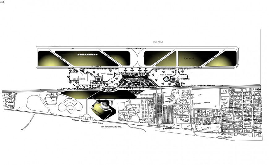 International airport architecture layout plan and landscaping structure details dwg file
