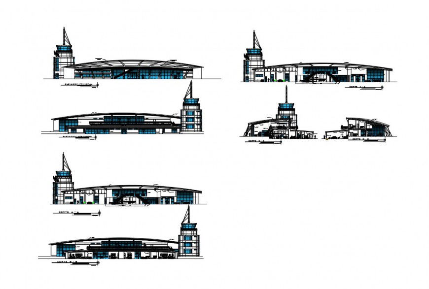 International airport building all sided elevation and sectional details dwg file