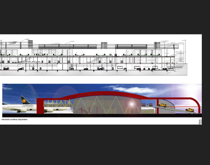 International airport building facade elevation and sectional details dwg file