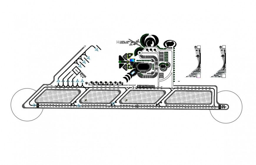 International airport distribution plan and landscaping structure details dwg file