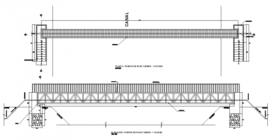 Irrigated canal bridge elevation and plant and constructive details dwg file