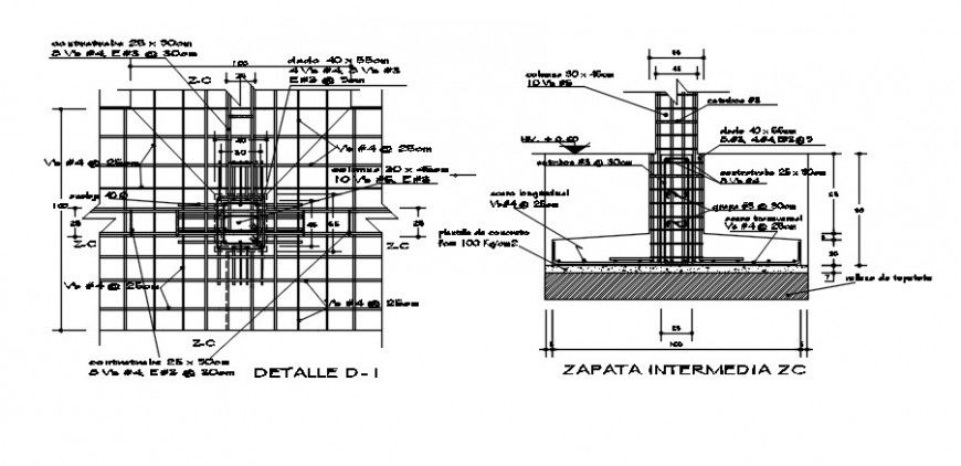 Isolated footings section and construction details dwg file