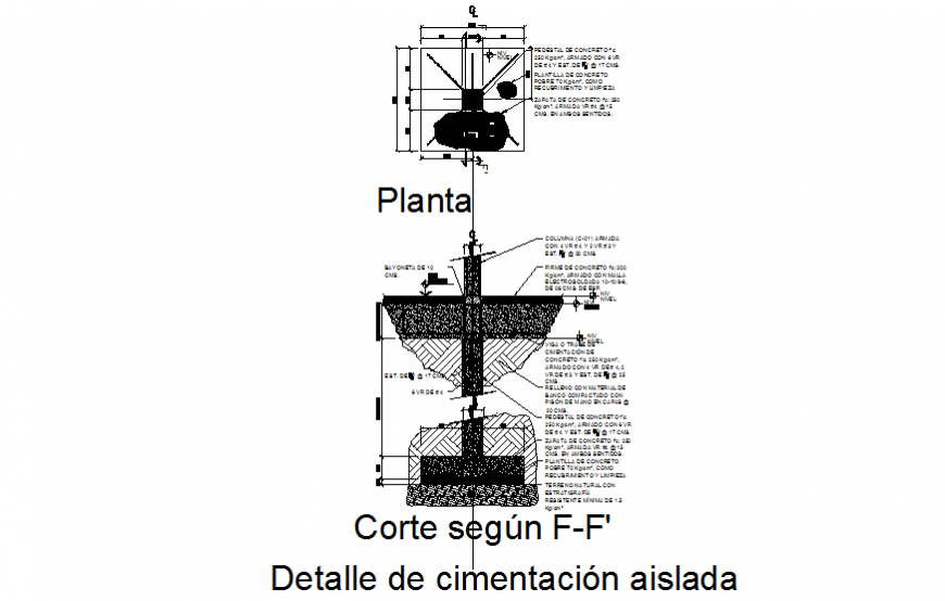 Isolated footings section and plan with construction details dwg file