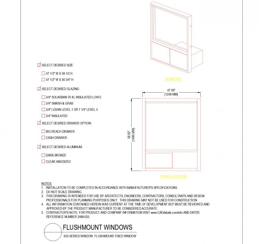 Isometric and elevation Flush mount window plan autocad file