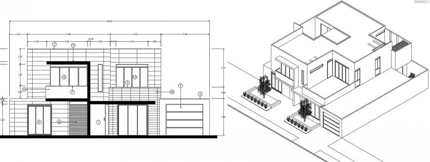 Isometric and main elevation drawing details of one family house dwg file