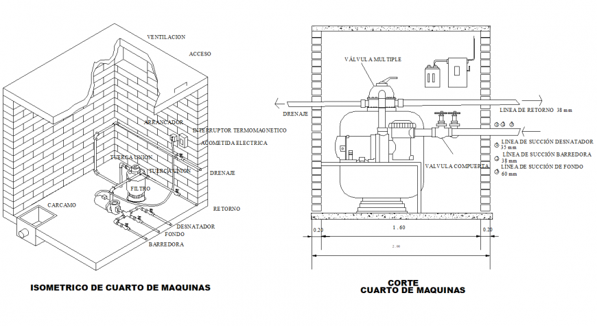 Isometric and plan cut machine plan dwg file