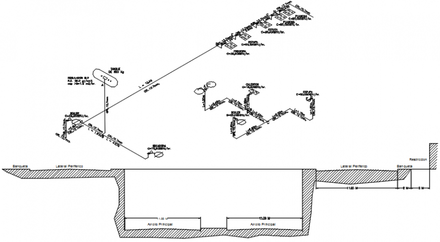 Isometric and sectional detail of plumbing line in AutoCAD