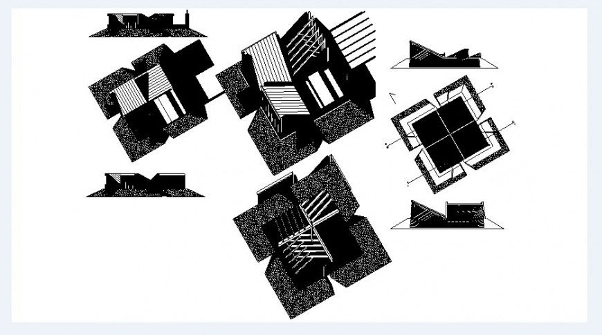 Isometric elevation and plans drawing details of bungalow dwg file