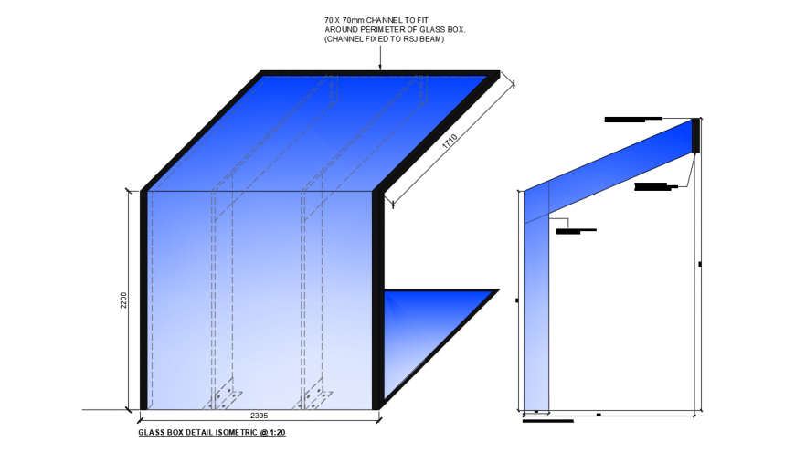 Isometric elevation and section details for glass box dwg file