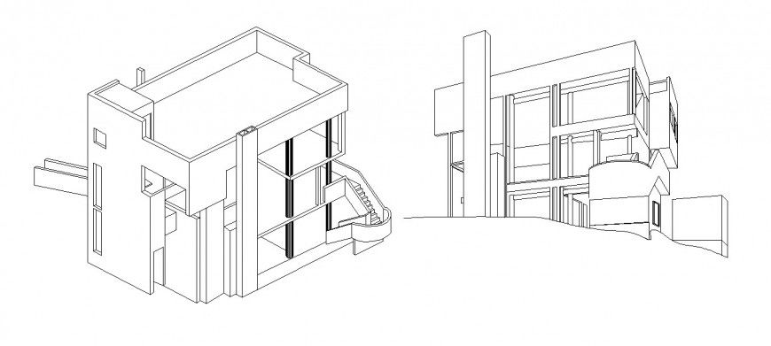 Isometric elevation model details of three story modern house dwg file