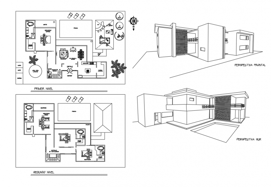 Isometric elevation view and floor plan details of two story modern bungalow dwg file