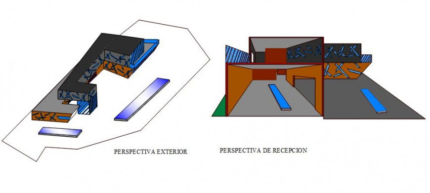 Isometric museum building exterior model and front view model drawing details dwg file