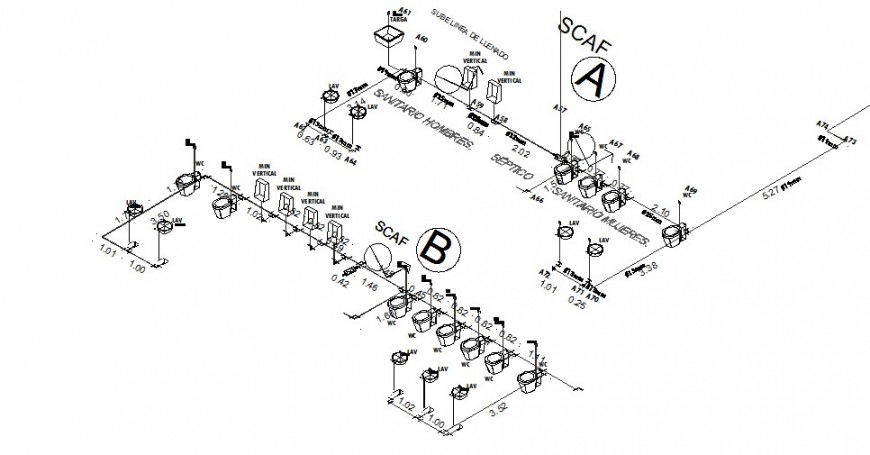 Isometric plan details for irrigation system of public toilets dwg file