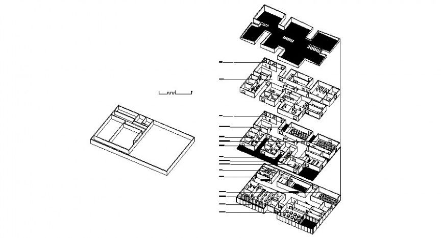 Isometric plan details of multi-level office building floors dwg file
