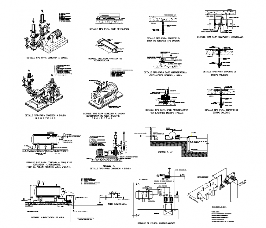 Isometric plan with elevation of heater and boiler area dwg file