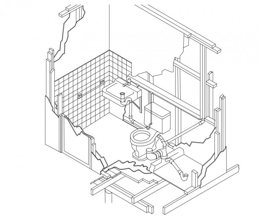 Isometric section and plan details of house toilet dwg file