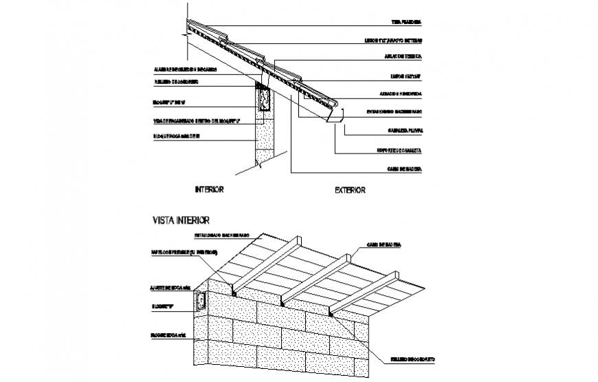 Isometric view interior and exterior roof section plan autocad file