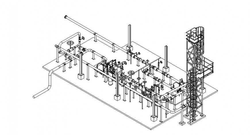 Isometric view of gas mattering station with pipe in auto cad