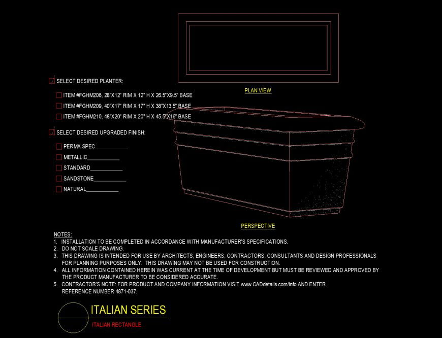 Italian rectangle planter design details in dwg file.