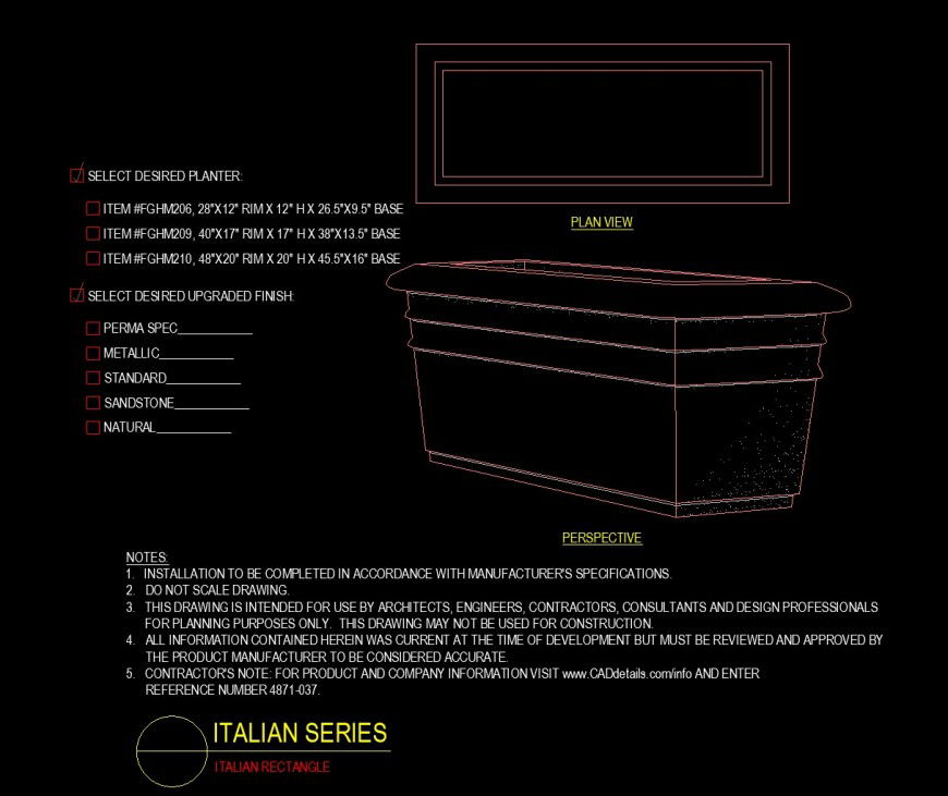 Italian rectangle planter drawing in dwg file.