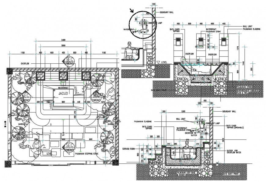 Jacuzzi plan, constructive section and plumbing drawing details dwg file