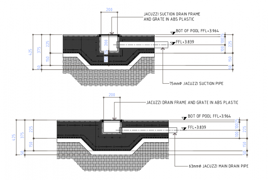 Jacuzzi suction drain frame and grate in abs plastic detail
