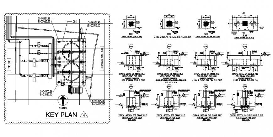 Key plan structure with pile-cap plan and wall constructive details dwg file