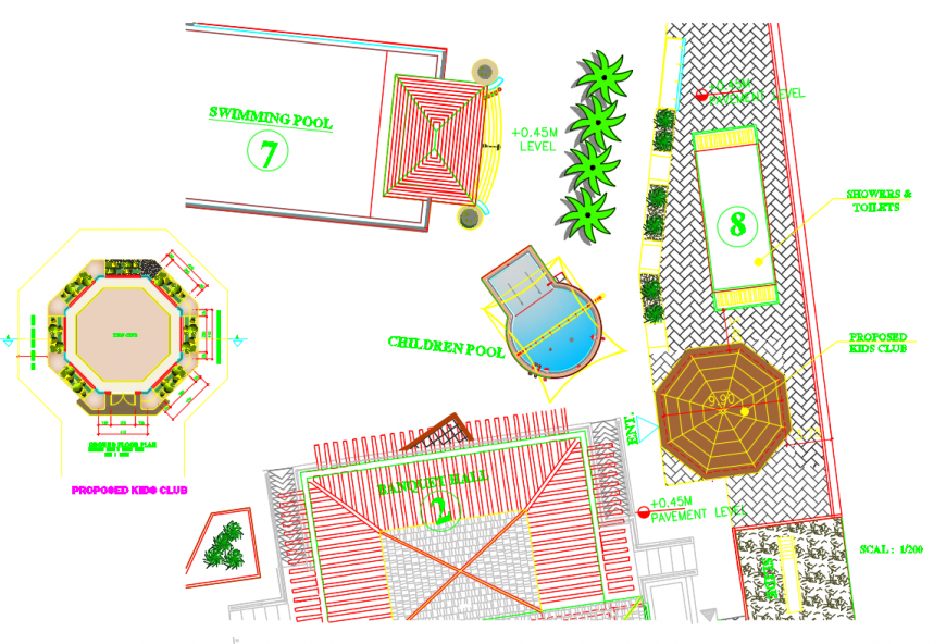 Kids club garden automation and landscaping structure details dwg file