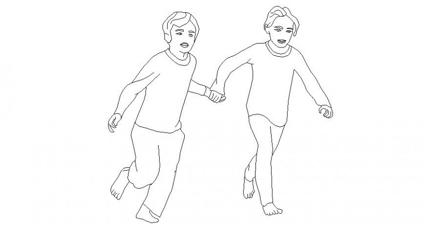 Kids running holding hand elevation 2d block cad drawing details dwg file