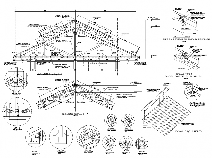 King-post roof truss detail elevation 2d view layout dwg file