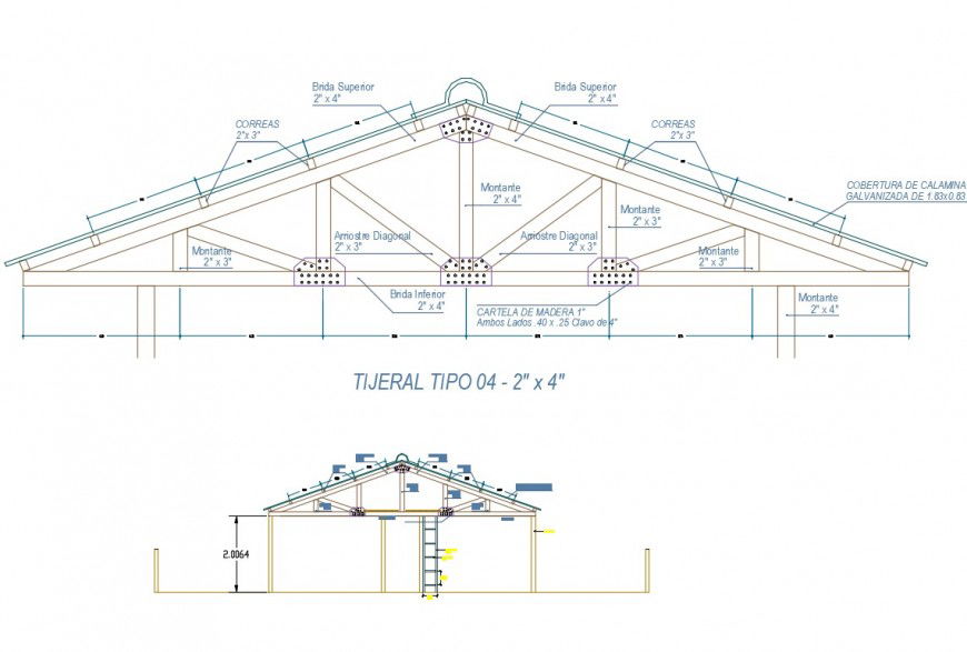King post and house section plan dwg file