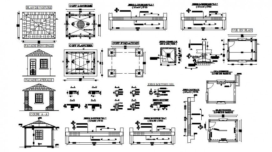 Kiosk elevation, section, plan and constructive structure details dwg file