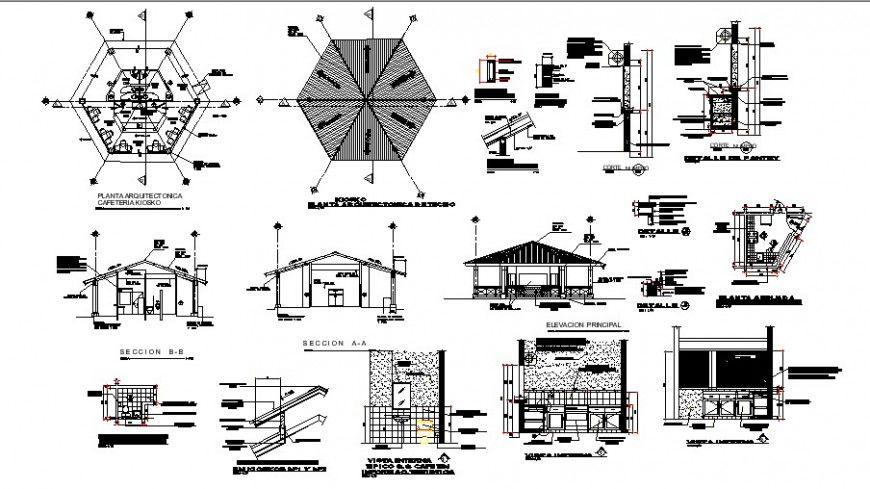 Kiosks cafe area plan elevation and section view in auto cad