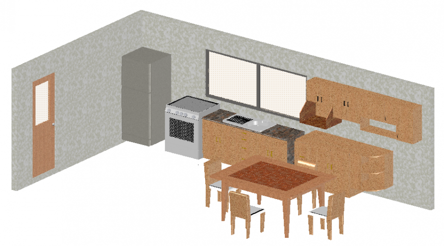 Kitchen 3d section, interior and furniture details dwg file