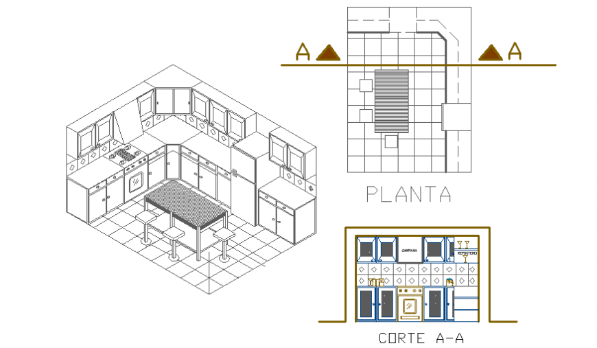 Kitchen 3d section, plan, furniture and interior details dwg file