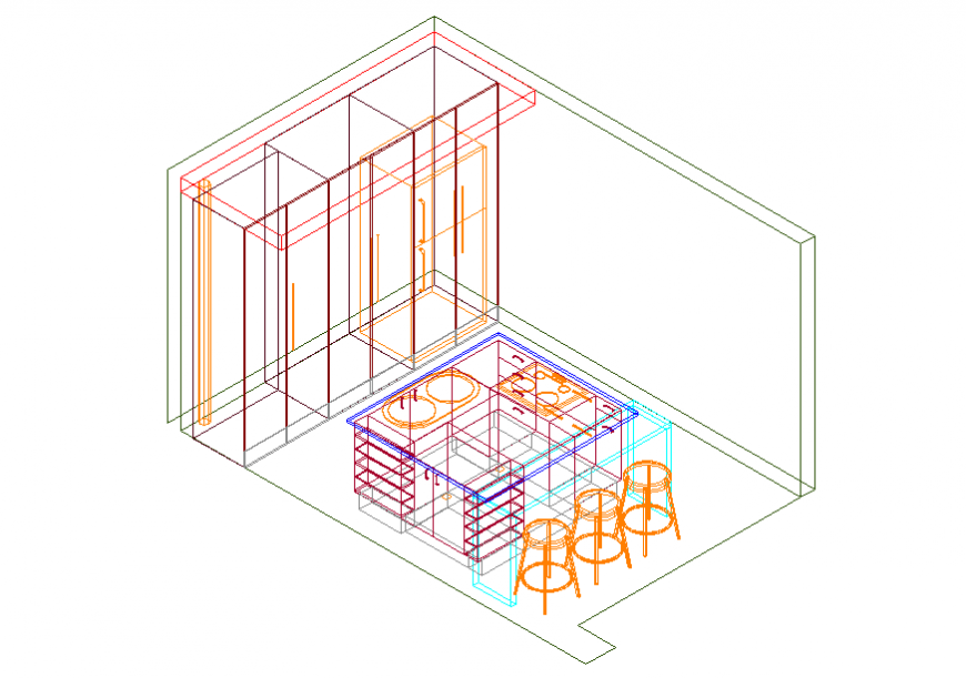 Kitchen 3d top view section and interior details dwg file