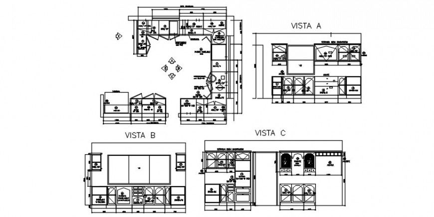 Kitchen all side sections, plan and furniture layout drawing details dwg file