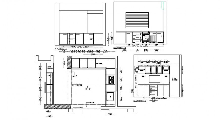 Kitchen all sided elevation, plan and structure cad drawing details dwg file