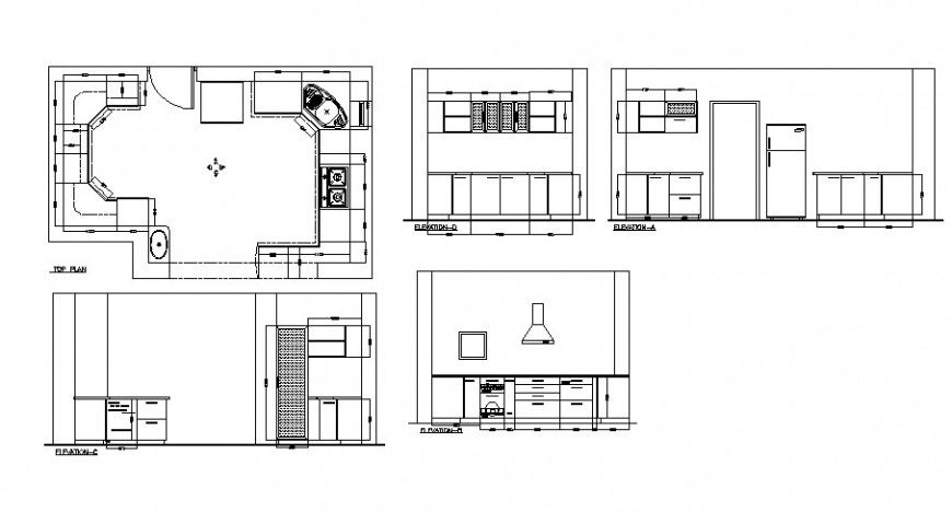 Kitchen all sided elevation, top view plan and interior drawing details dwg file