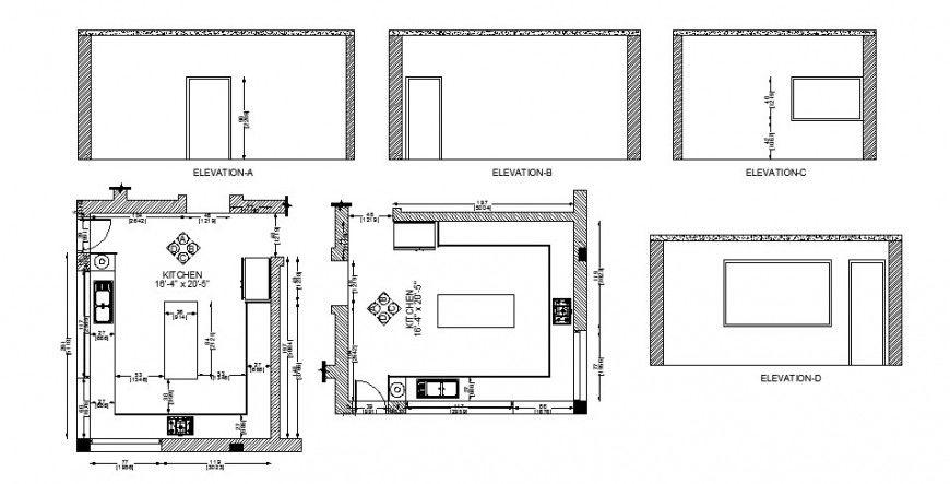 Kitchen all sided elevation and layout plan cad drawing details dwg file