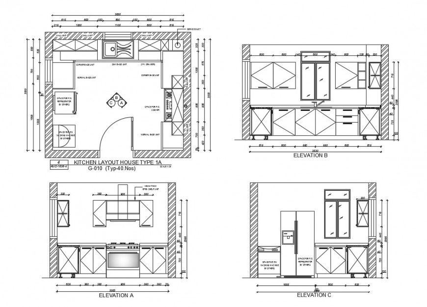 Kitchen all sided elevation and layout plan house type cad drawing details dwg file