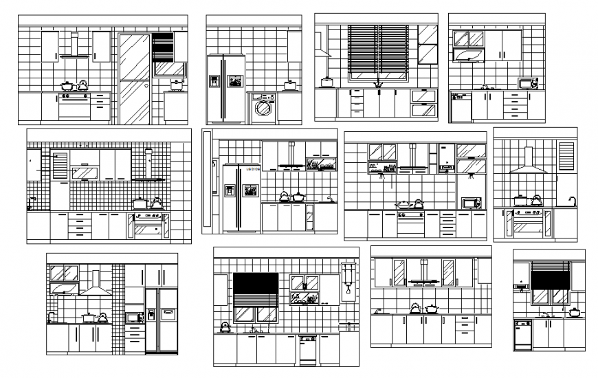 Kitchen all sided section, elevation, plan and interior details dwg file