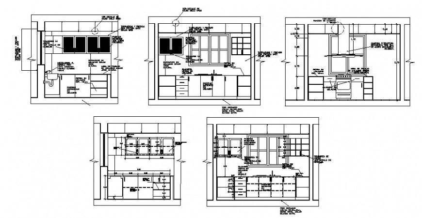 Kitchen all sided section, furniture and plumbing drawing details dwg file