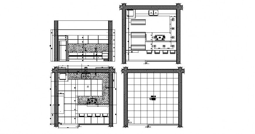 Kitchen all sided section, plan and furniture cad drawing details dwg file