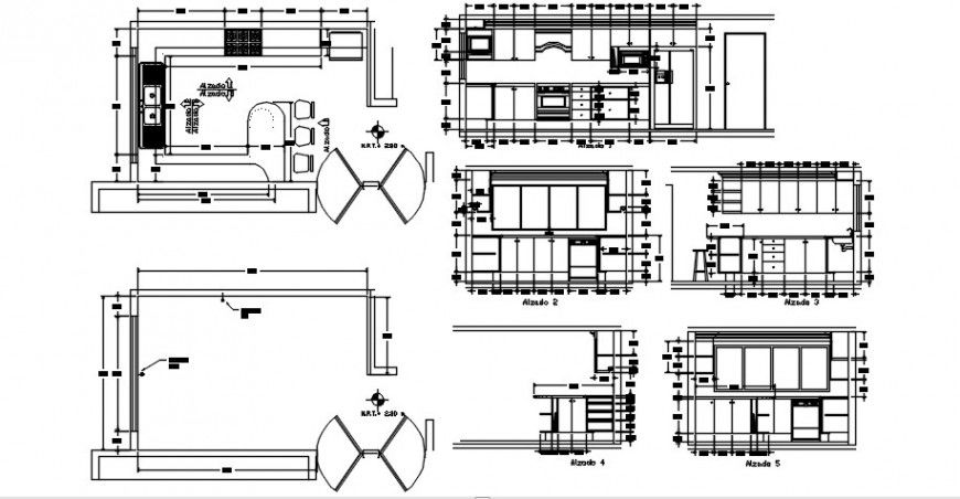 Kitchen all sided section, plan and interior and furniture drawing details dwg file
