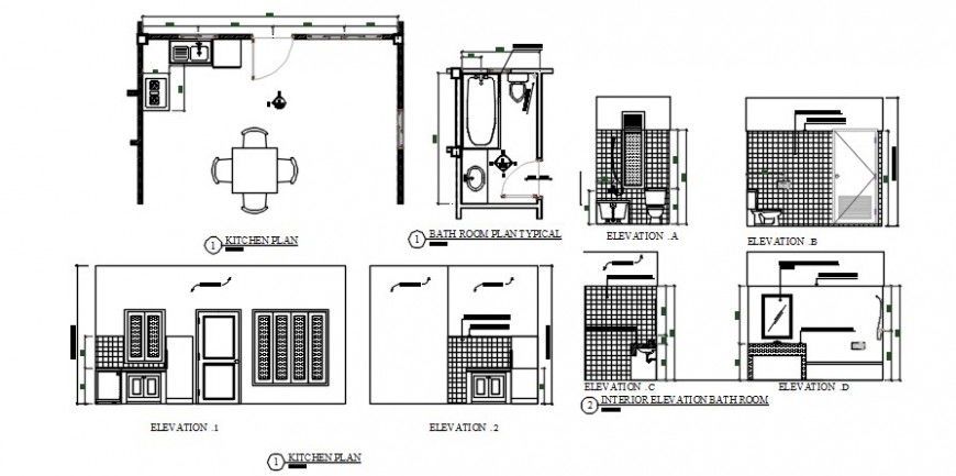 Kitchen and bathroom area drawings detail 2d view plan dwg file