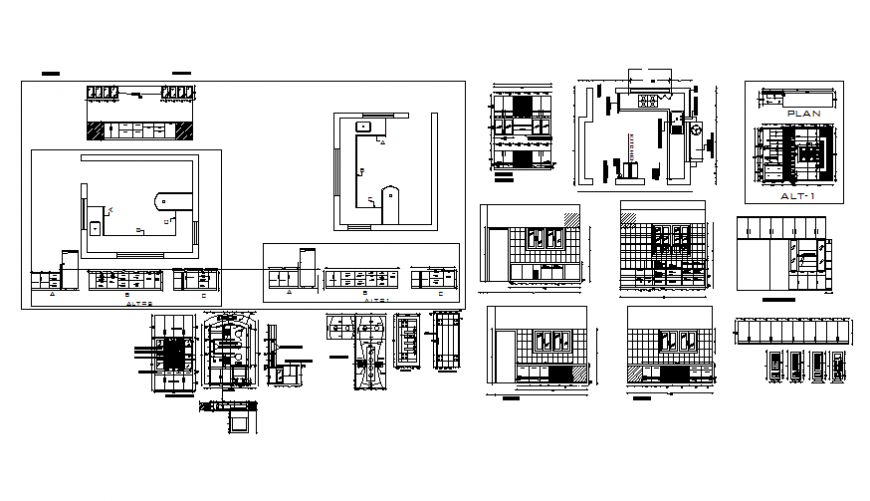 Kitchen and house section, furniture and interior details dwg file