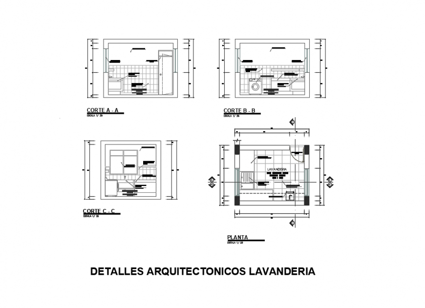 Kitchen and laundry area cut sectional-constructive details dwg file