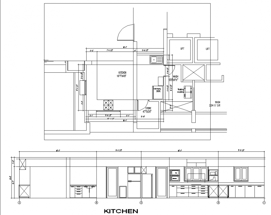 Kitchen and wash yard detail drawing in dwg AutoCAD file.